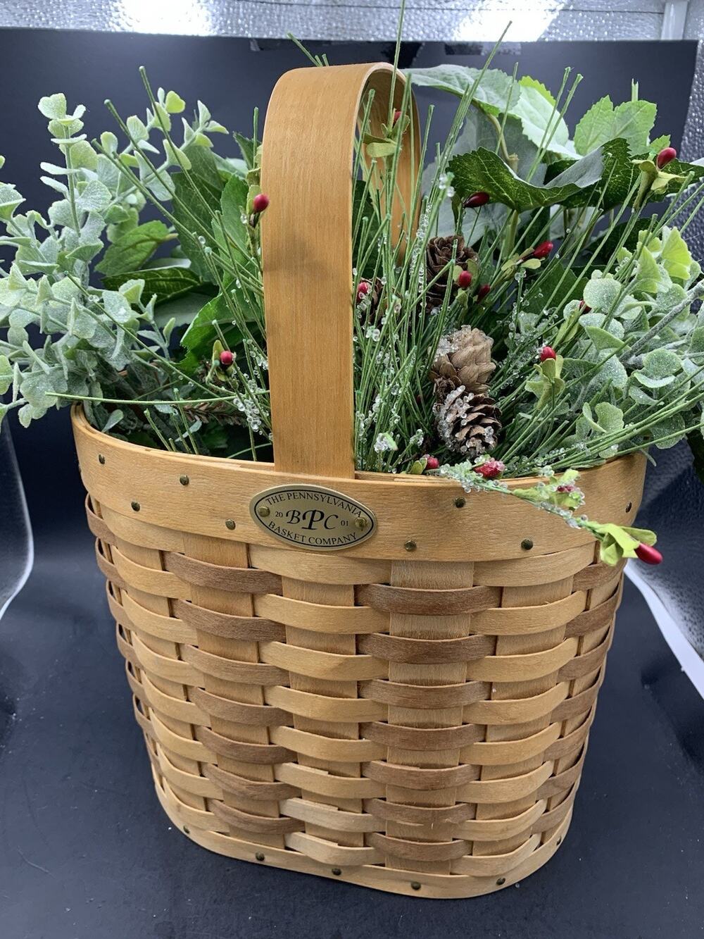 The Pennsylvania Basket Company Wooden Basket w/Handle and Holiday Greenery